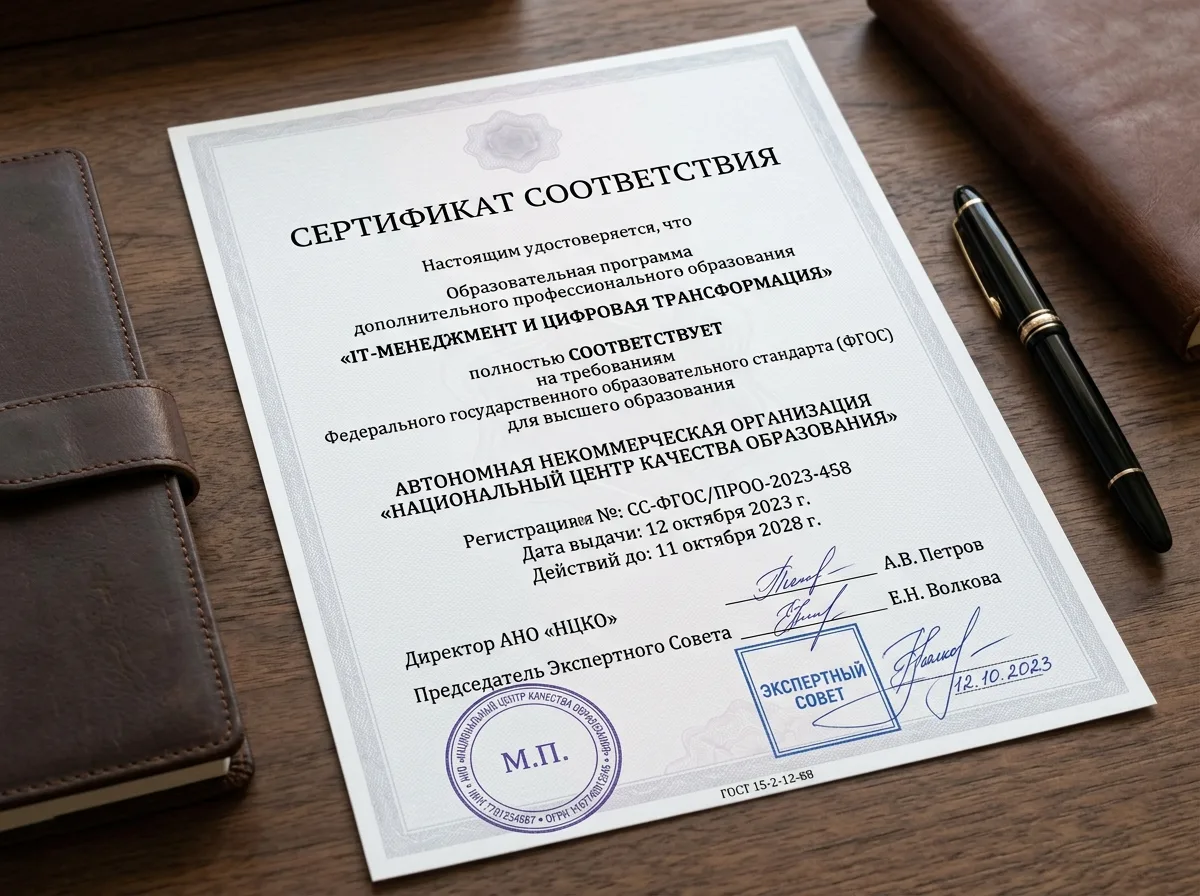 Сертификат соответствия образовательной программы требованиям федерального государственного образовательного стандарта ФГОС, официальный бланк с печатью
